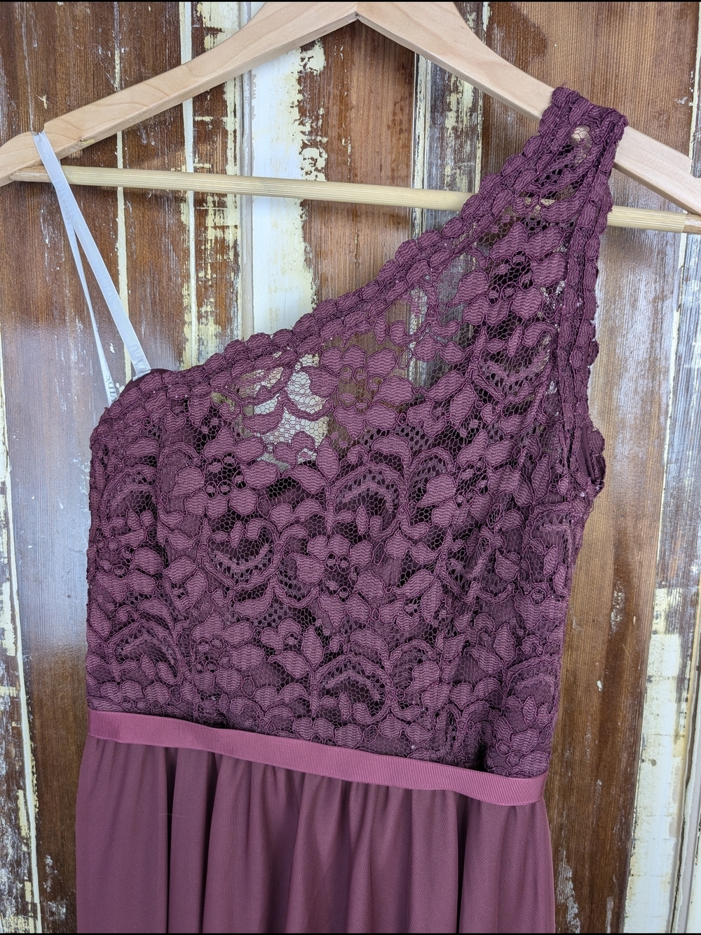 David’s Bridal Burgundy One Shoulder Lace Chiffon Dress Size 6 Evening Bridal - Picture 7 of 11